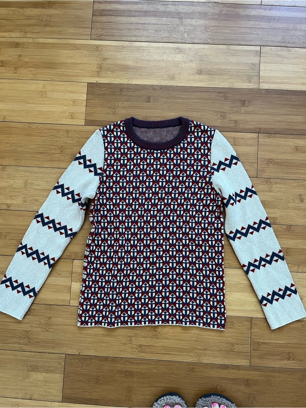 Vintage Red, Navy & Cream Geometric Cowl Sweater